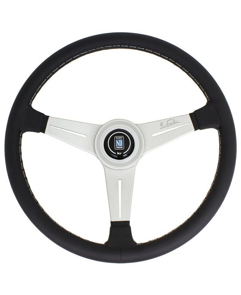 VOLANT NARDI CLASSIC ND34 CUIR NOIR & COUTURES GRISES, BRANCHES ALUMINIUM TULIPÉ 40MM NARDI