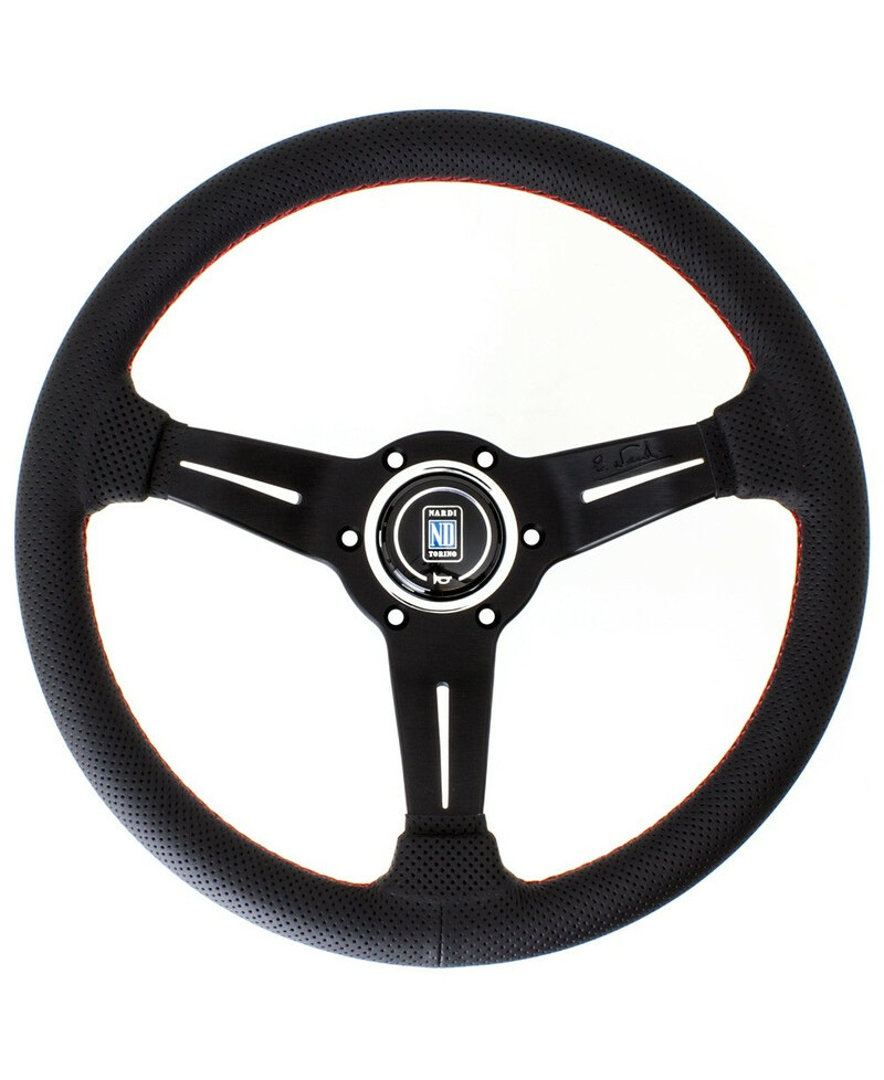VOLANT NARDI DEEP CORN CUIR NOIR PERFORÉ & COUTURES ROUGES, BRANCHES NOIRES TULIPÉ 50MM & Ø33 CM NARDI VOLANT NARDI DEEP CORN CUIR NOIR PERFORÉ & COUTURES ROUGES, BRANCHES NOIRES TULIPÉ 50MM & Ø33 CM NARDI