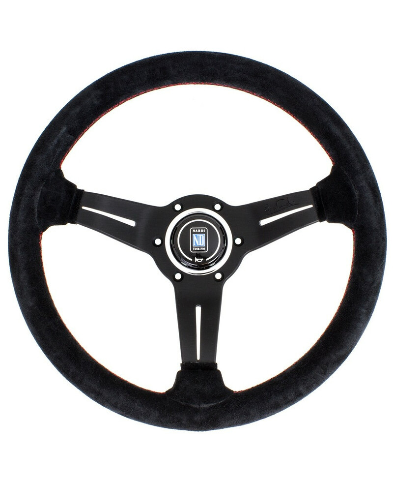 VOLANT NARDI DEEP CORN CUIR NOIR RETOURNÉ & COUTURES ROUGES, BRANCHES NOIRES TULIPÉ 50MM & Ø33 CM NARDI VOLANT NARDI DEEP CORN CUIR NOIR RETOURNÉ & COUTURES ROUGES, BRANCHES NOIRES TULIPÉ 50MM & Ø33 CM NARDI