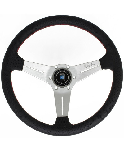 VOLANT NARDI DEEP CORN CUIR NOIR PERFORÉ & COUTURES ROUGES, BRANCHES ALUMINIUM TULIPÉ 75 MM Ø35 CM NARDI