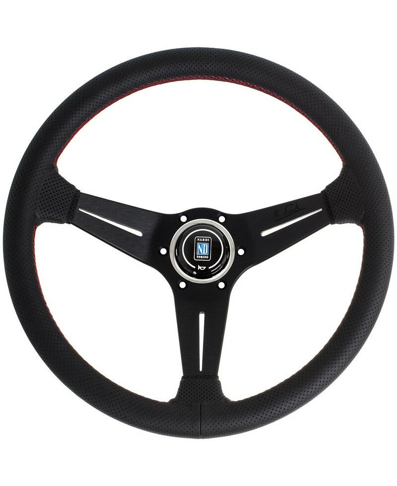 VOLANT NARDI DEEP CORN CUIR NOIR PERFORÉ & COUTURES ROUGES, BRANCHES NOIRES TULIPÉ 75 MM & Ø35 CM NARDI VOLANT NARDI DEEP CORN CUIR NOIR PERFORÉ & COUTURES ROUGES, BRANCHES NOIRES TULIPÉ 75 MM & Ø35 CM NARDI