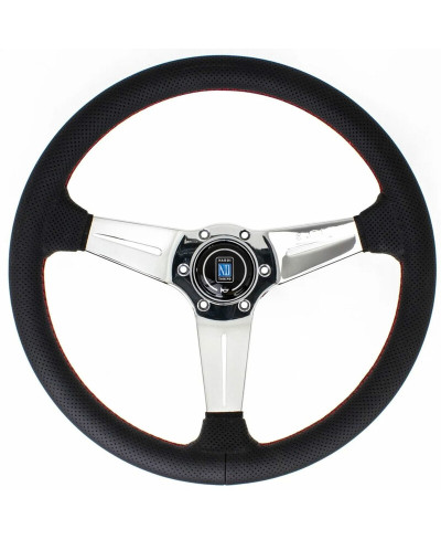 VOLANT NARDI DEEP CORN CUIR NOIR RETOURNÉ & COUTURES ROUGES, BRANCHES CHROMÉS TULIPÉ 75 MM & Ø35 CM NARDI