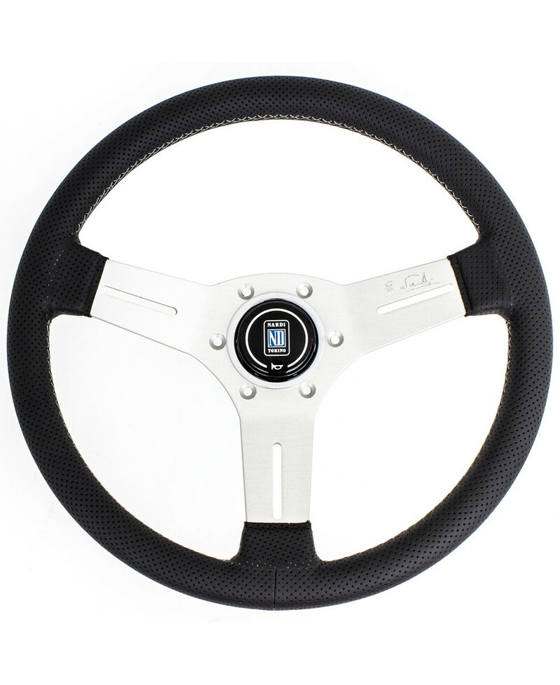 VOLANT NARDI COMPETITION CUIR NOIR PERFORÉ & COUTURES GRISES, BRANCHES ALUMINIUM TULIPÉ 40 MM & Ø33 CM NARDI VOLANT NARDI COMPETITION CUIR NOIR PERFORÉ & COUTURES GRISES, BRANCHES ALUMINIUM TULIPÉ 40 MM & Ø33 CM NARDI