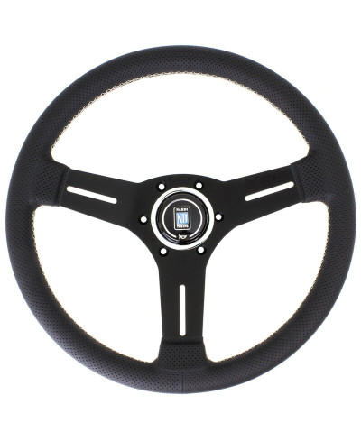 VOLANT NARDI COMPETITION CUIR NOIR PERFORÉ & COUTURES GRISES, BRANCHES NOIRES TULIPÉ 40 MM & Ø33 CM NARDI