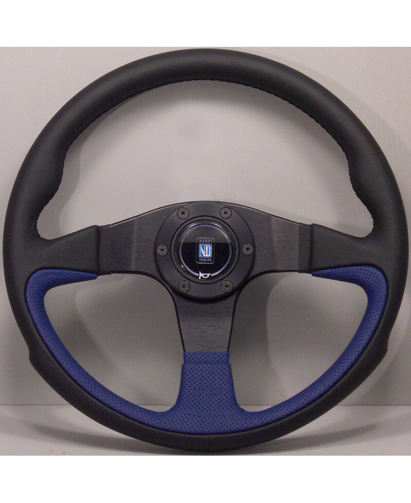 VOLANT NARDI CHALLENGE CUIR BLEU & COUTURES NOIRES, BRANCHES NOIRES TULIPÉ 45 MM & Ø35 CM NARDI