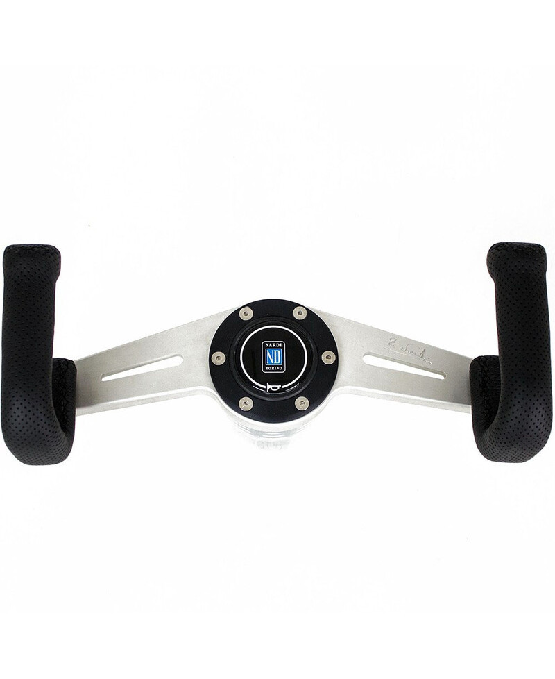 VOLANT 2SPOKES EN CUIR NOIR PERFORÉ, BRANCHES ALU, COUTURES NOIRES - NARDI