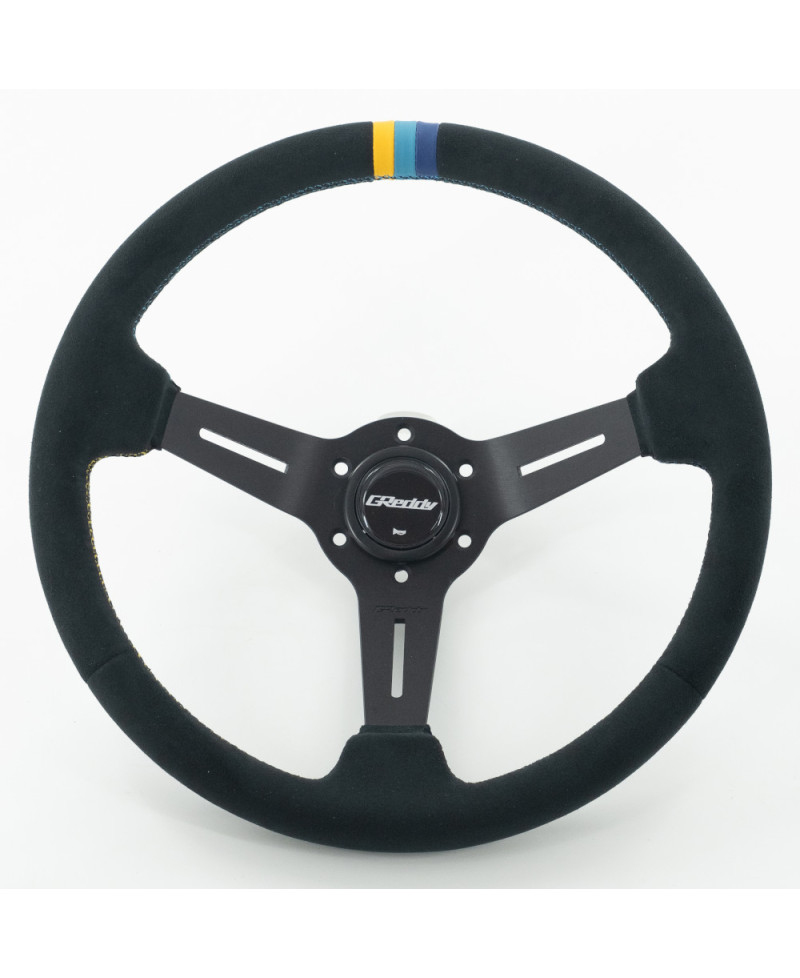 Volant GReddy "Deep Type" Tulipe (80 mm), Cuir Noir Retourne, Branches Noires - 340 mm