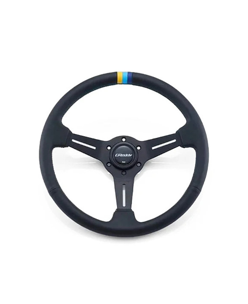 Volant GReddy "Deep Type" Tulipe (80 mm), Cuir Noir, Branches Noires - 340 mm