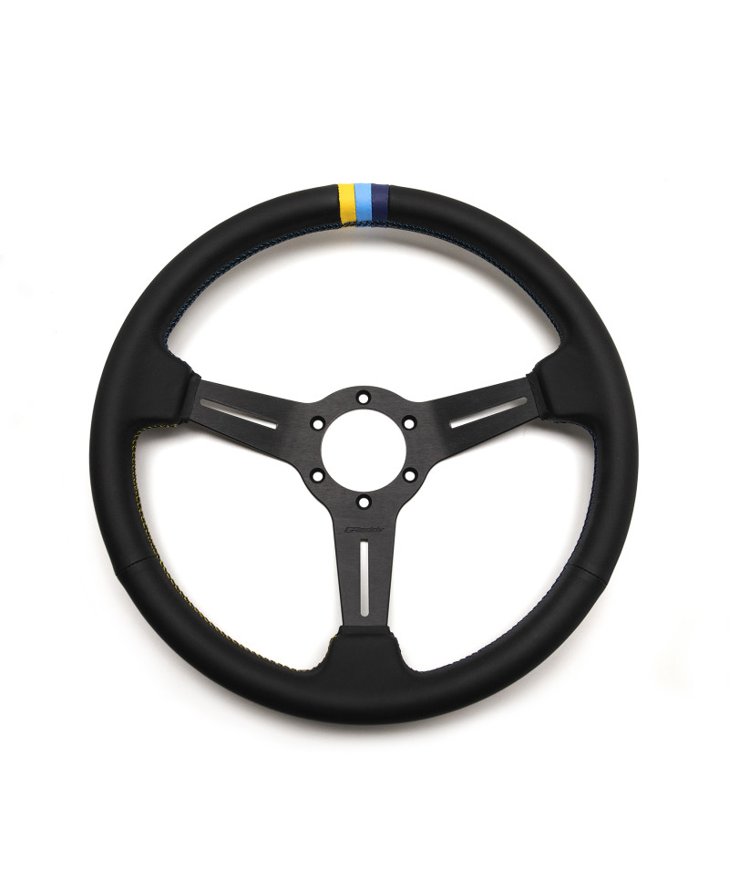 Volant GReddy "Medium Type" Tulipe (47 mm), Cuir Noir, Branches Noires - 340 mm