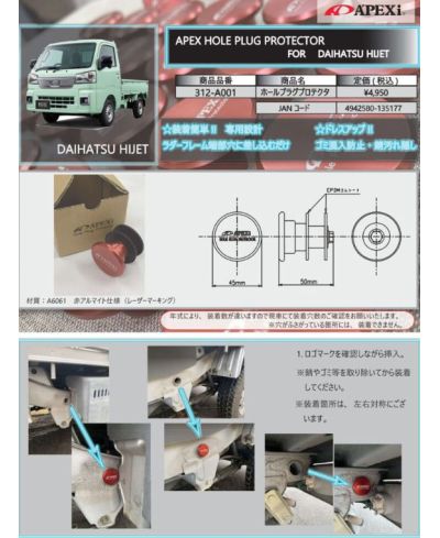 BOUCHON DE PROTECTION CHASSIS APEX SUZUKI CARRY, DAIHATSU HIJET - APEXI